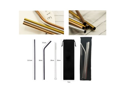 Słomki stal nierdzewna kpl 3 el. srebrne w czarnym woreczku 26 cm STC-110