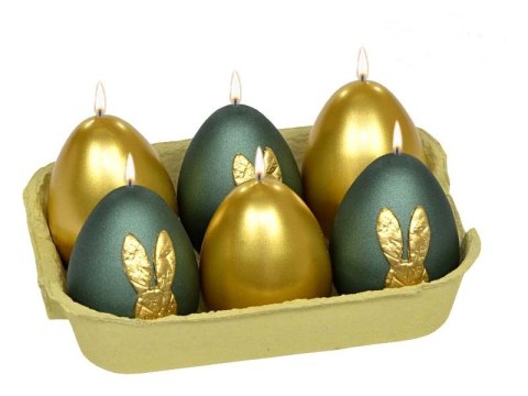 Świeca 6szt. JAJKO 60 / 45 BUNNY metaliczna półmat butelkowa zieleń / złoty