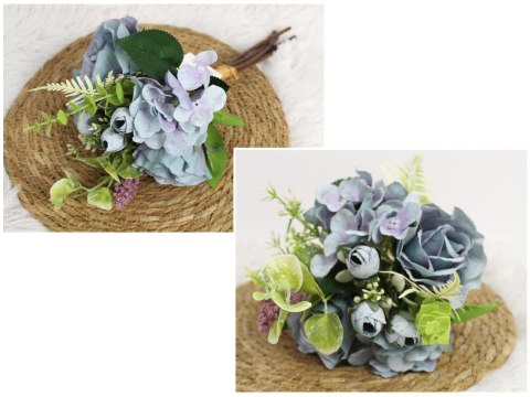 Bukiet mieszany RÓŻA, HORTENSJA wys. 35 cm, 6 łodyg w pęczku (2 róże 8x4,5 cm) NIEBIESKI WT-105D