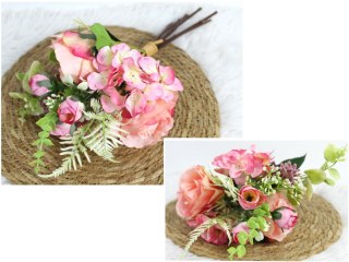 Bukiet mieszany RÓŻA, HORTENSJA wys. 35 cm, 6 łodyg w pęczku (2 róże 8x4,5 cm) RÓŻOWY WT-105C