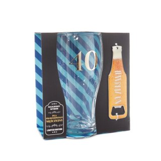 Zestaw 2w1 szklanka do piwa ze złotą cyfrą "40" z otwieraczem do butelek "Na zdrowie " w ozdobnym opakowaniu prezentowym . 500 m