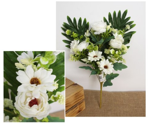 Bukiet mieszany PIWONIA, GERBERA wys. 39 cm, 7 łodyg (7 kwiatów 7-6 cm) BIAŁY MZ-406A