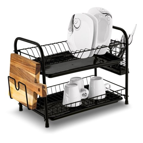Dwupoziomowy ociekacz do naczyń z uchwytem na deskę do krojenia i pojemnikiem na sztućce Nova 53 x 33 x 24 cm czarna