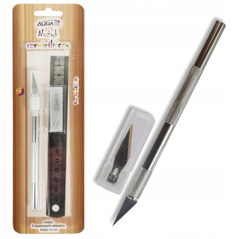 Nożyk rzemieślniczy zaw. 9 zapasowych wkładów i linijkę NOZ-1106