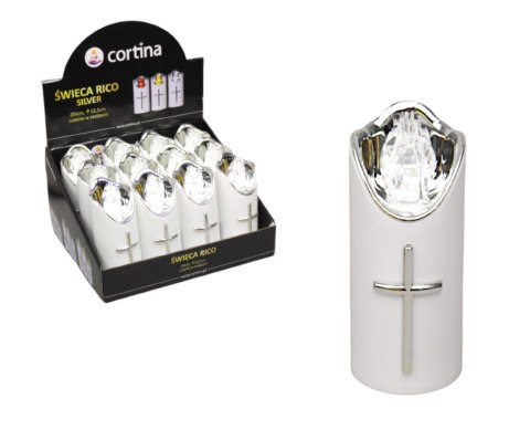 Świeca LED RICO 15 x 5cm biało-srebrna z transparentnym płomieniem 2/23/LUX.DIS