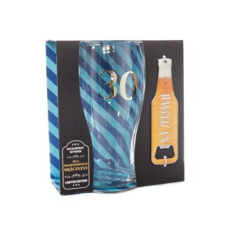 Zestaw 2w1 szklanka do piwa ze złotą cyfrą "30" z otwieraczem do butelek "Na zdrowie " w ozdobnym opakowaniu prezentowym . 500 m