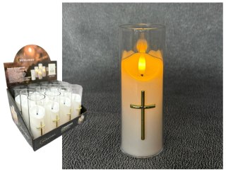 Znicz wkład led świeca plastik z migającym płomieniem złoty krzyż światło ciepłe 5,5 x 15 cm AE-A7094
